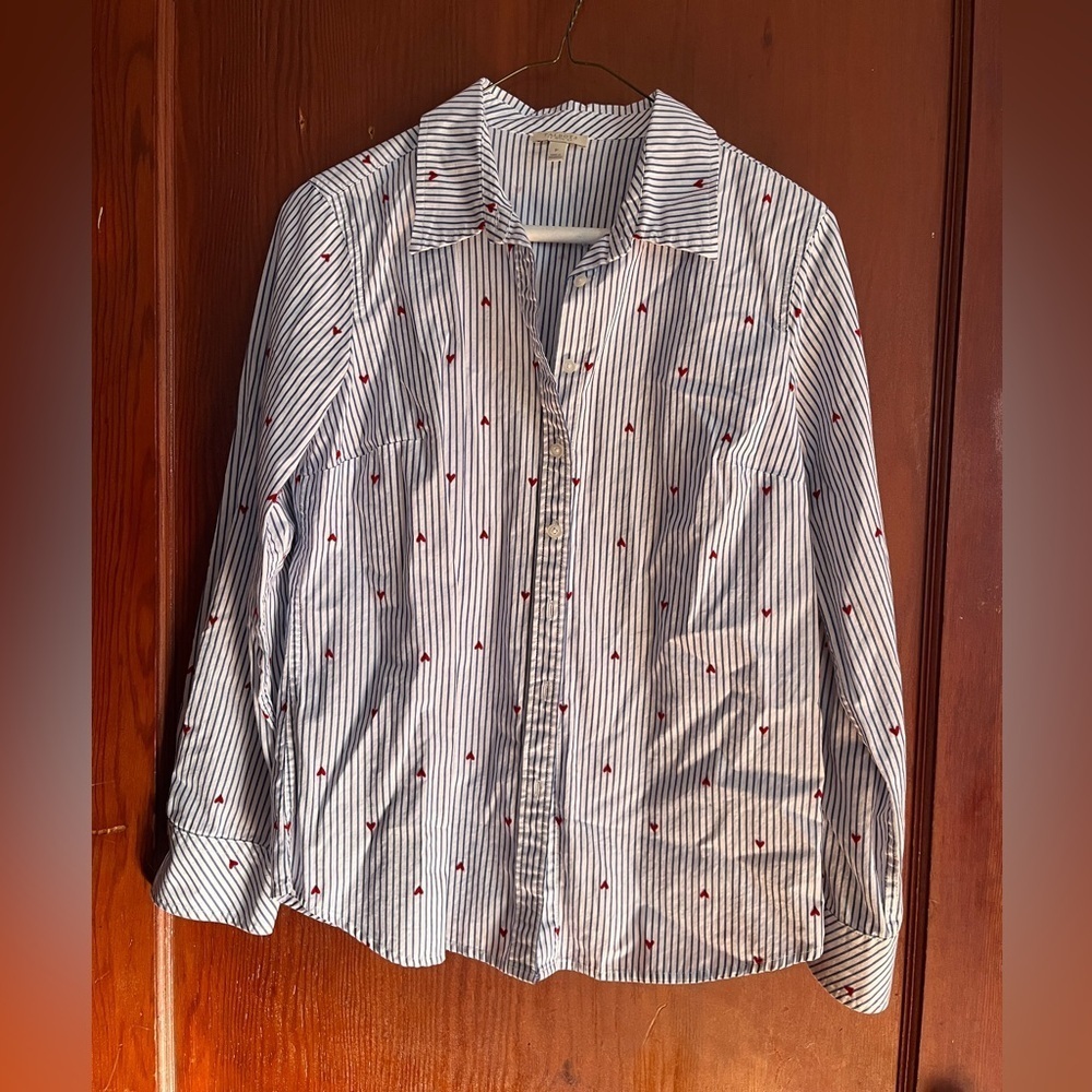 Talbots Women’s Blue Striped Shirt with Red Heart Details